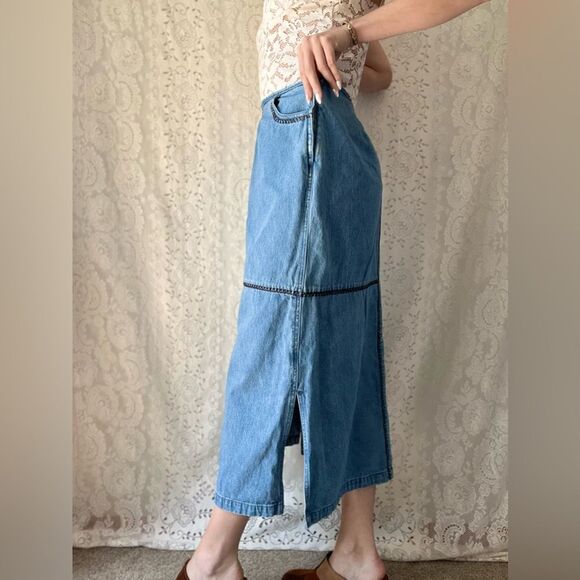 Vintage 90s Whipstitch Denim Midi Skirt Panel Stitch Detail Side Slit L - Picture 4 of 15